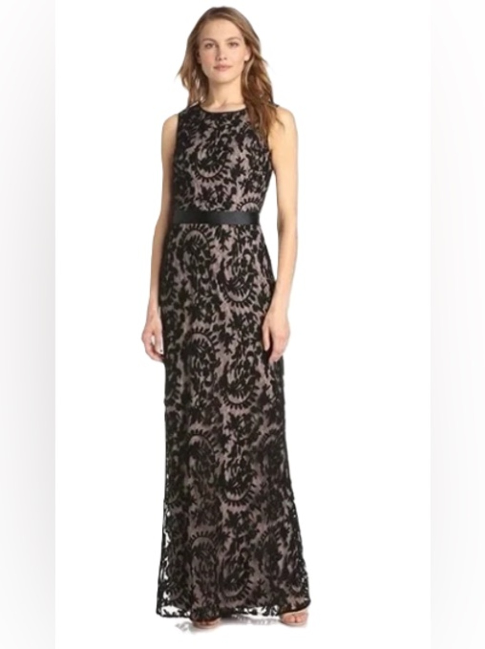 Adrianna Papell Black Lace Maxi Dress with Nude Underlay